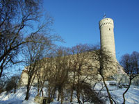 Таллинн. Вышгород. Башня «Pikk Hermann» («Длинный Герман») и крепостная стена слева от нее. Вид с Falgi tee. Справа от башни – здание Парламента (Riigikogu)