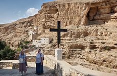 Иудейская пустыня. Монастырь прп. Георгия Хозевита. Вид на монастырь от креста через ущелье Вади-Кельт. 12 октября 2014 г.